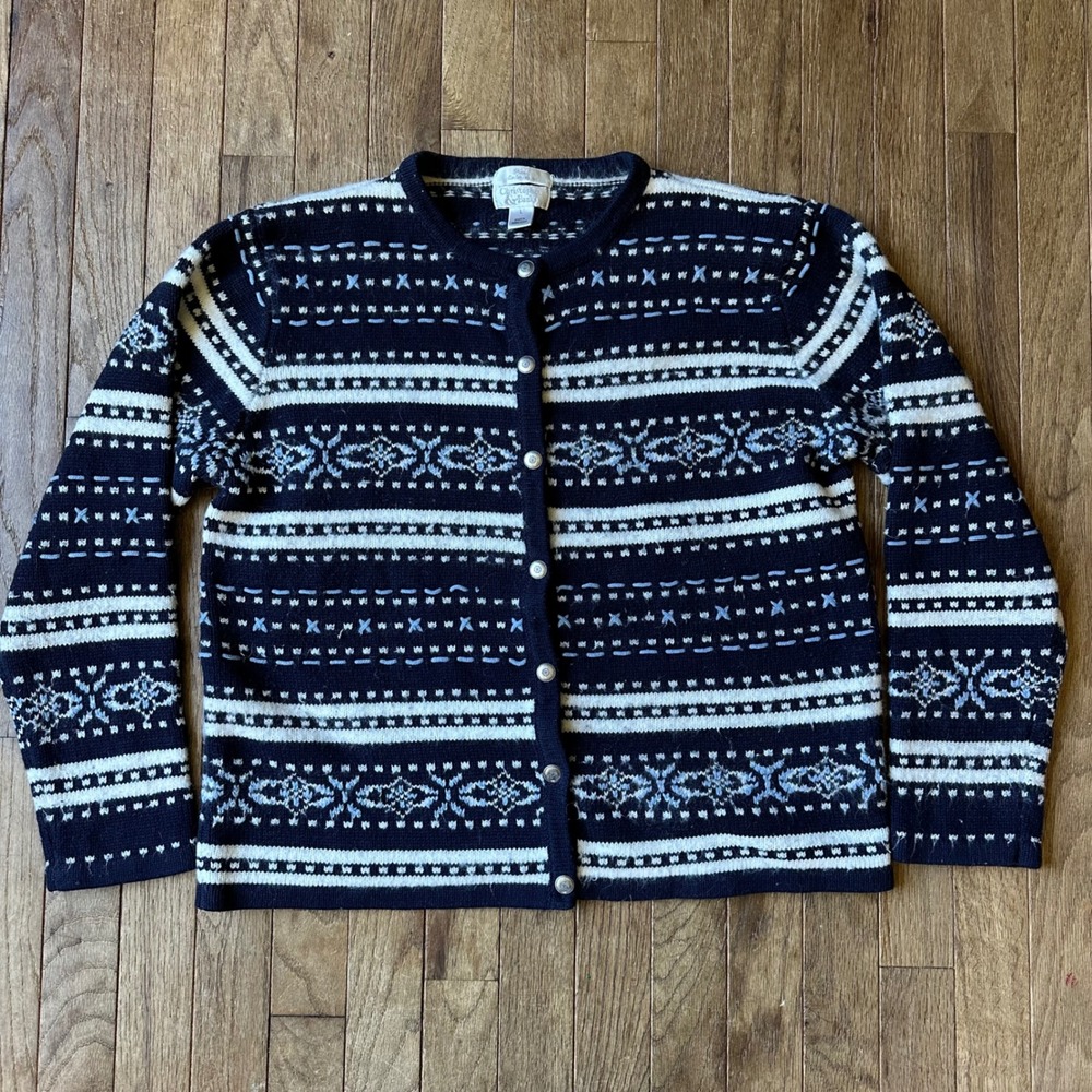 Vtg Angora Fair Isle Hand Embroidered sweater‎ navy blue holiday Women Size L